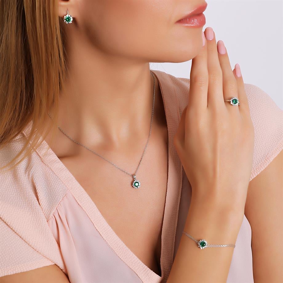 Pırlanta Montür Sentetik Kalemli Yuvarlak Zümrüt  italyan Kilit Gümüş Mini Set