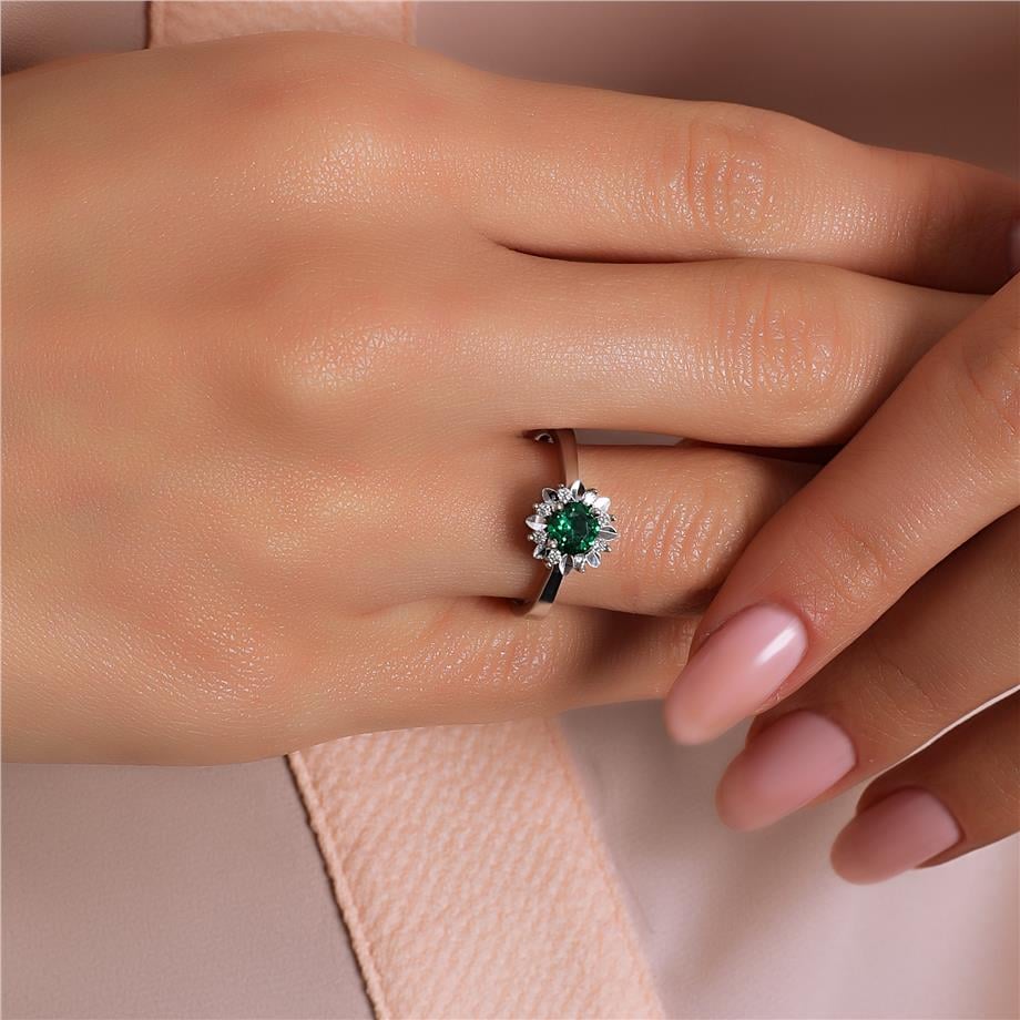 Pırlanta Montür Sentetik Kalemli Yuvarlak Zümrüt   Yüzük