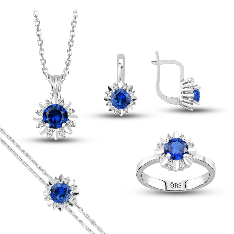 Pırlanta Montür Sentetik Kalemli Yuvarlak Safir  italyan Kilit Gümüş Mini Set