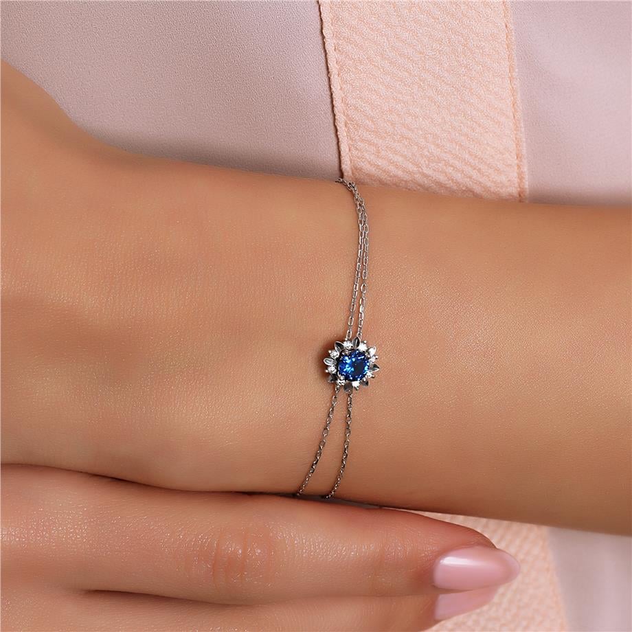 Pırlanta Montür Sentetik Kalemli Yuvarlak Safir  Bileklik