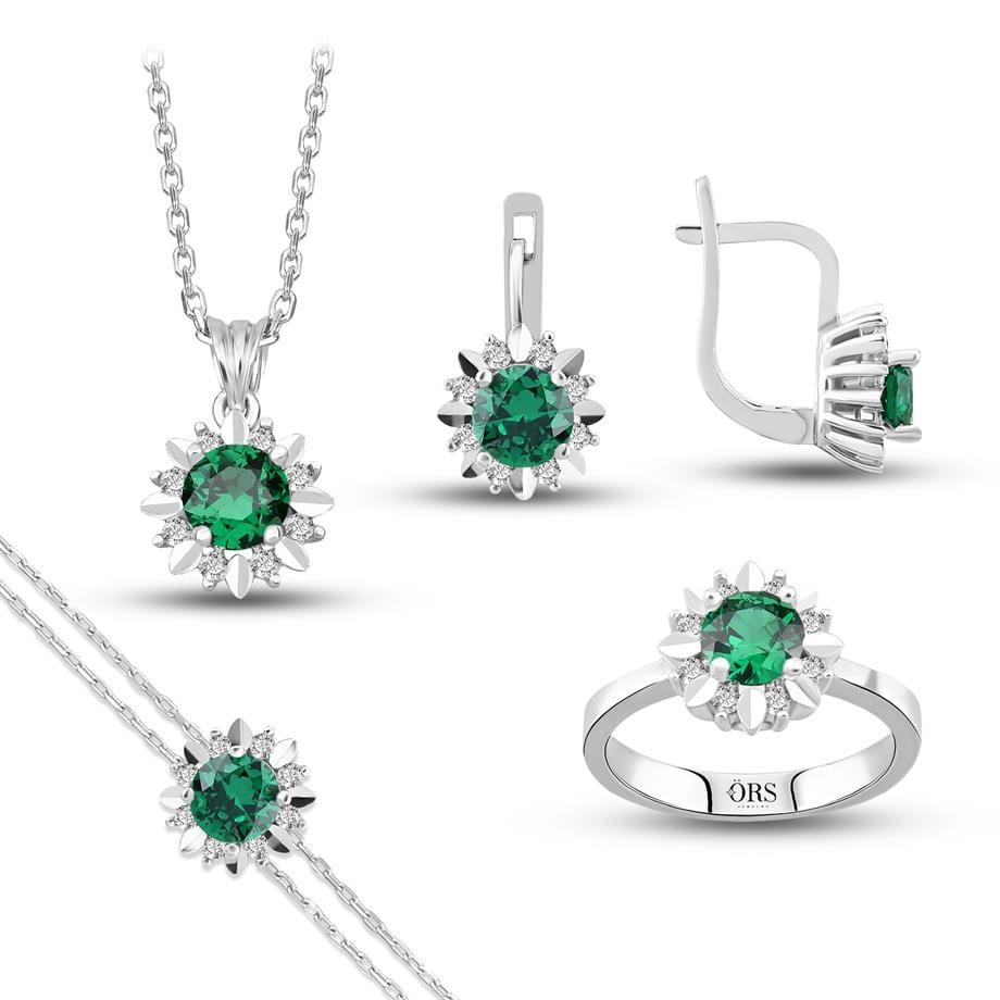 Pırlanta Montür Sentetik Kalemli Yuvarlak Zümrüt  italyan Kilit Gümüş Mini Set