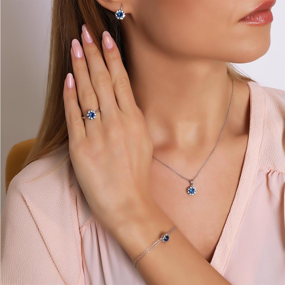 Pırlanta Montür Sentetik Kalemli Yuvarlak Safir  italyan Kilit Gümüş Mini Set