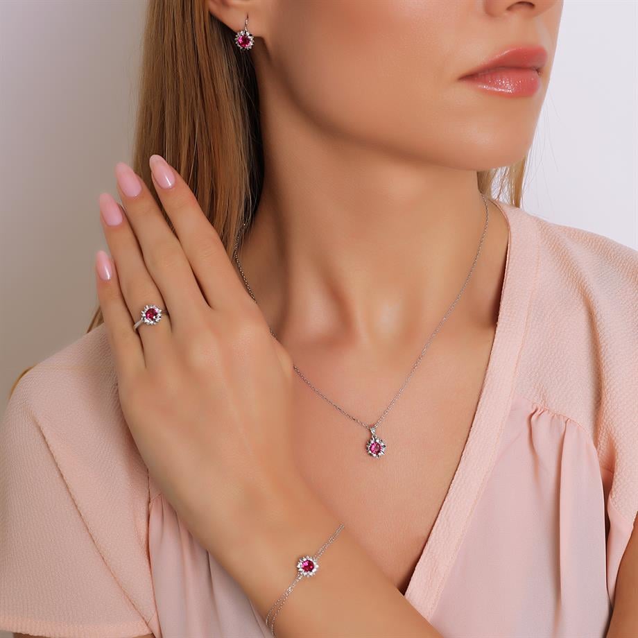 Pırlanta Montür Sentetik Kalemli Yuvarlak Yakut italyan Kilit Gümüş Mini Set