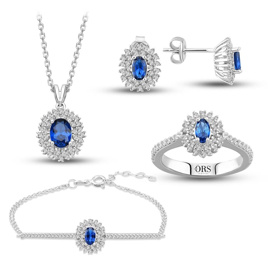 Pırlanta Montür Sentetik Oval Safir  Dörtlü Gümüş Set