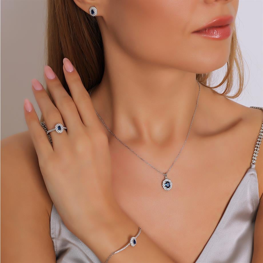Pırlanta Montür Sentetik Oval Safir  Dörtlü Gümüş Set
