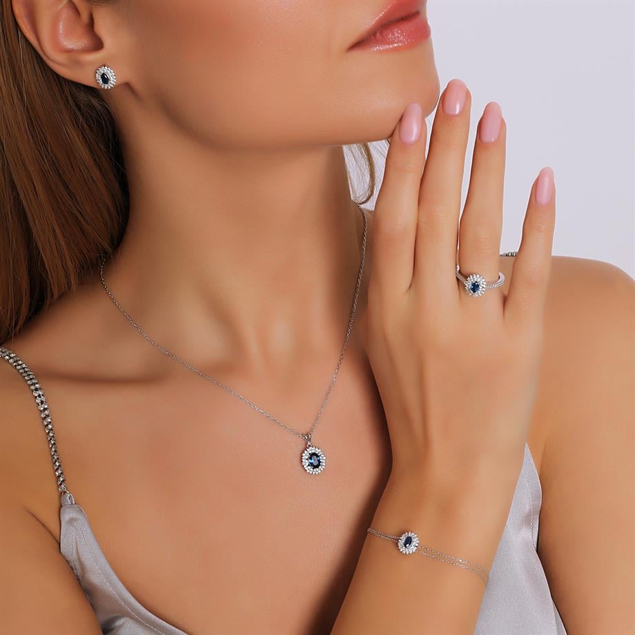 Pırlanta Montür Sentetik Oval Safir  Dörtlü Gümüş Set