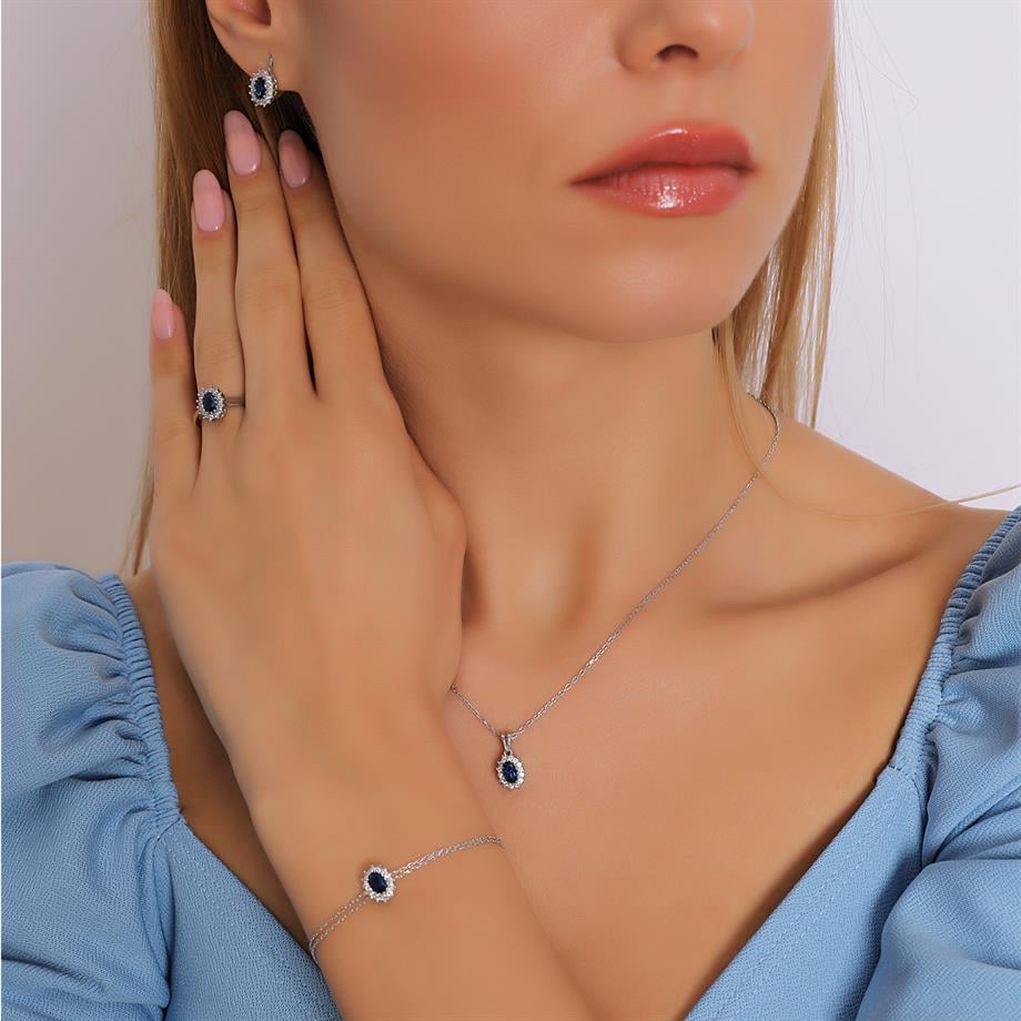 Pırlanta Montür Sentetik Oval Safir  italyan Kilit Gümüş Mini Set