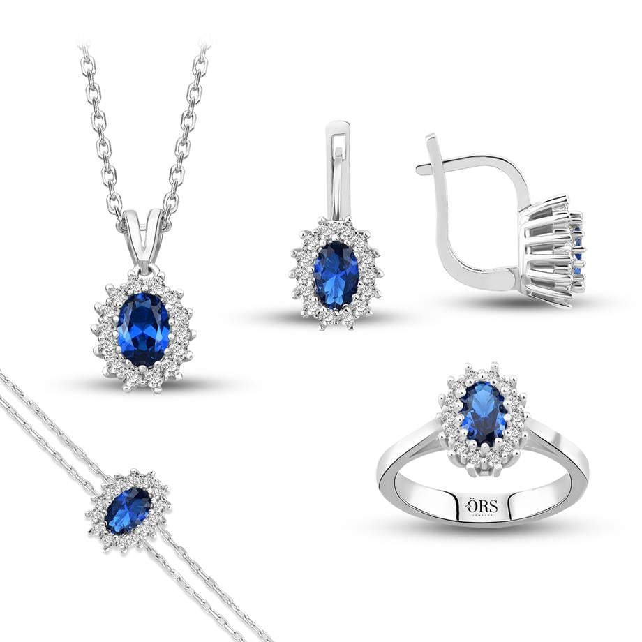 Pırlanta Montür Sentetik Oval Safir  italyan Kilit Gümüş Mini Set