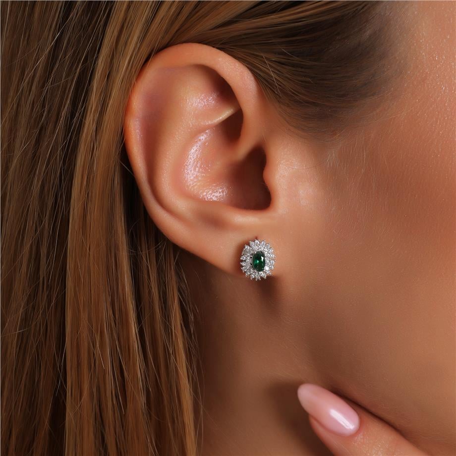 Pırlanta Montür Sentetik Oval Zümrüt Gümüş Küpe