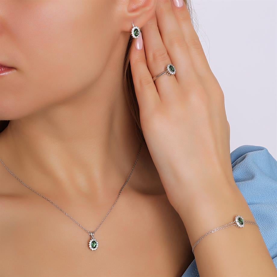 Pırlanta Montür Sentetik Oval Zümrüt italyan Kilit Gümüş Mini Set