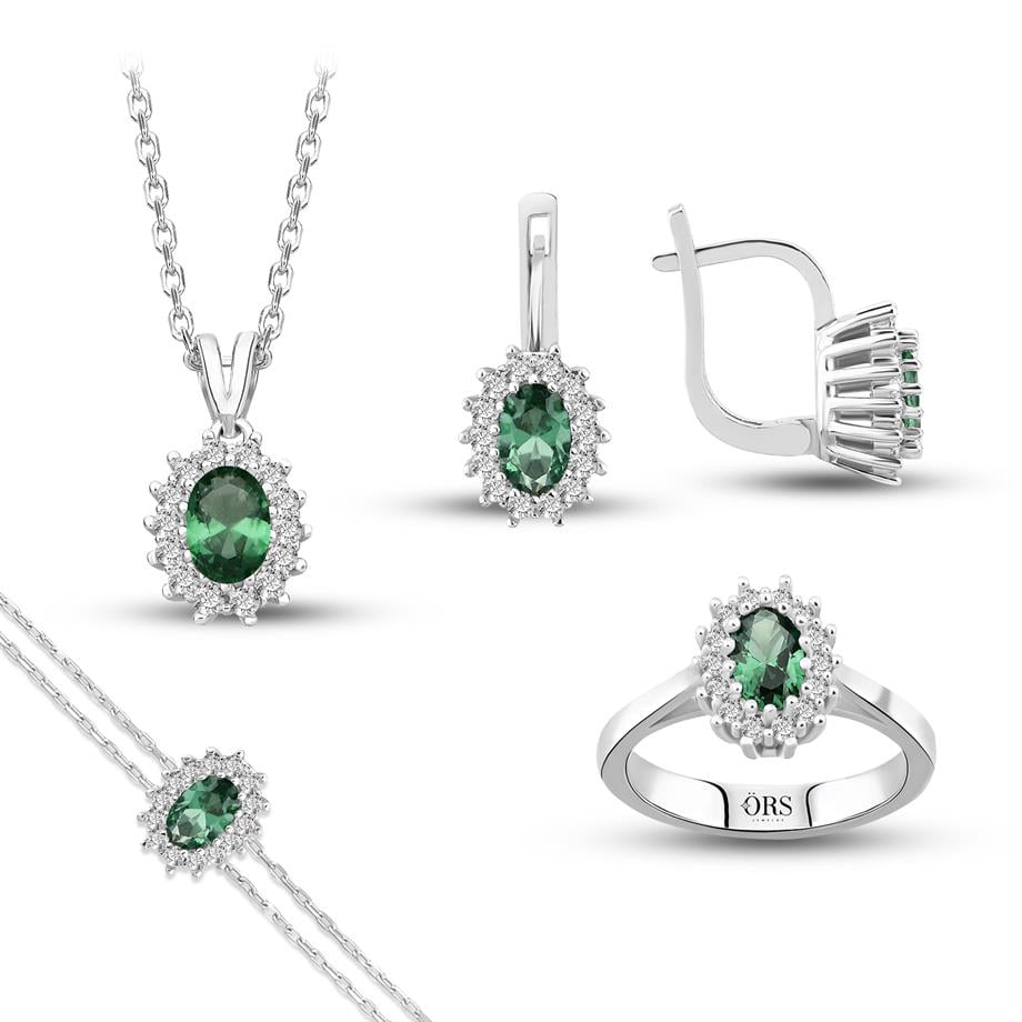Pırlanta Montür Sentetik Oval Zümrüt italyan Kilit Gümüş Mini Set