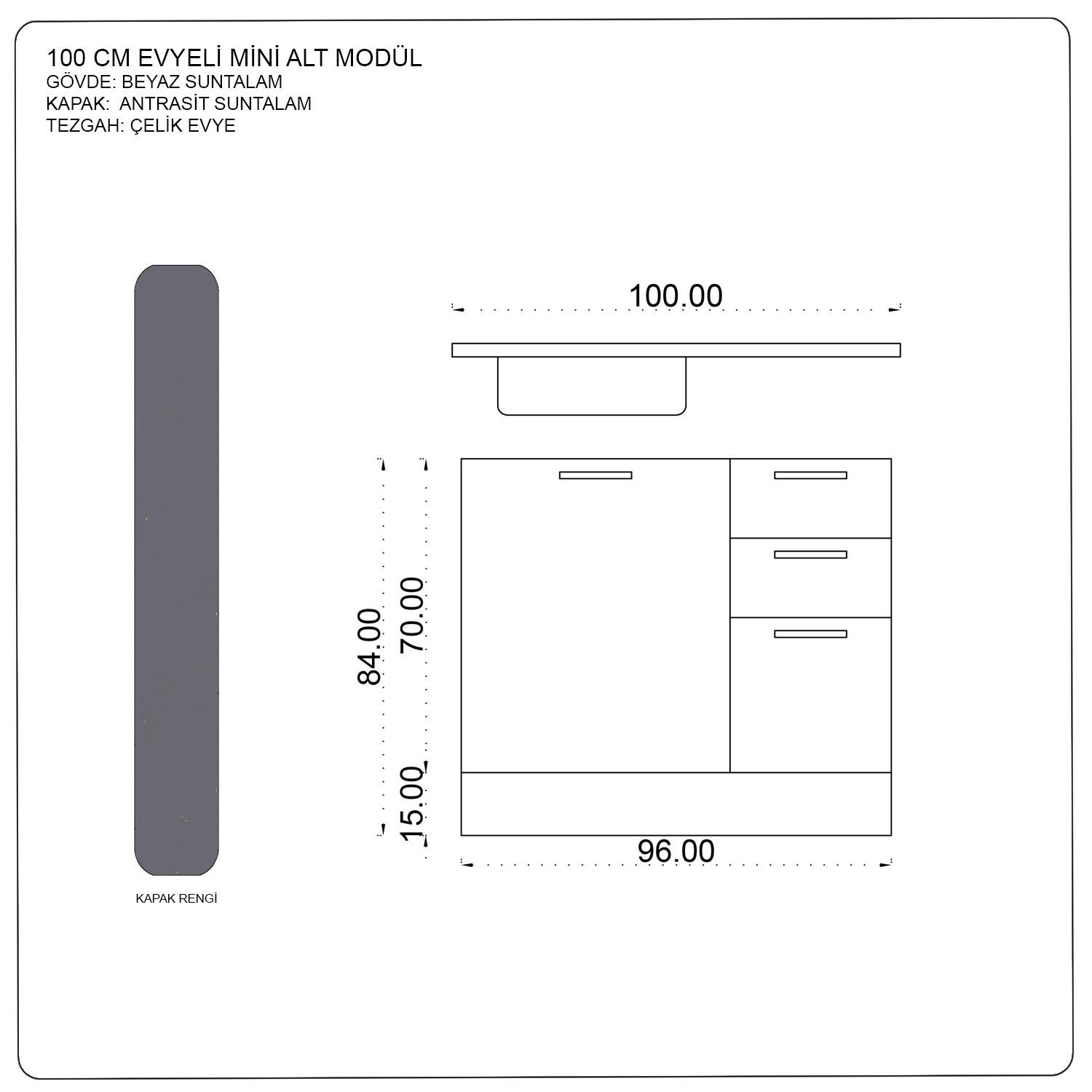 100 CM EVYELİ MİNİ ALT MODÜL, MİNİ HAZIR MUTFAK DOLABI ALT MODÜLÜ FLY180348