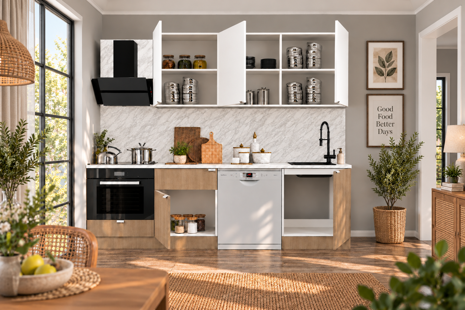 240 Cm %100 Mdf, Tezgahlı Wendy Mutfak Alt-Üst Takım Sepet-Beyaz