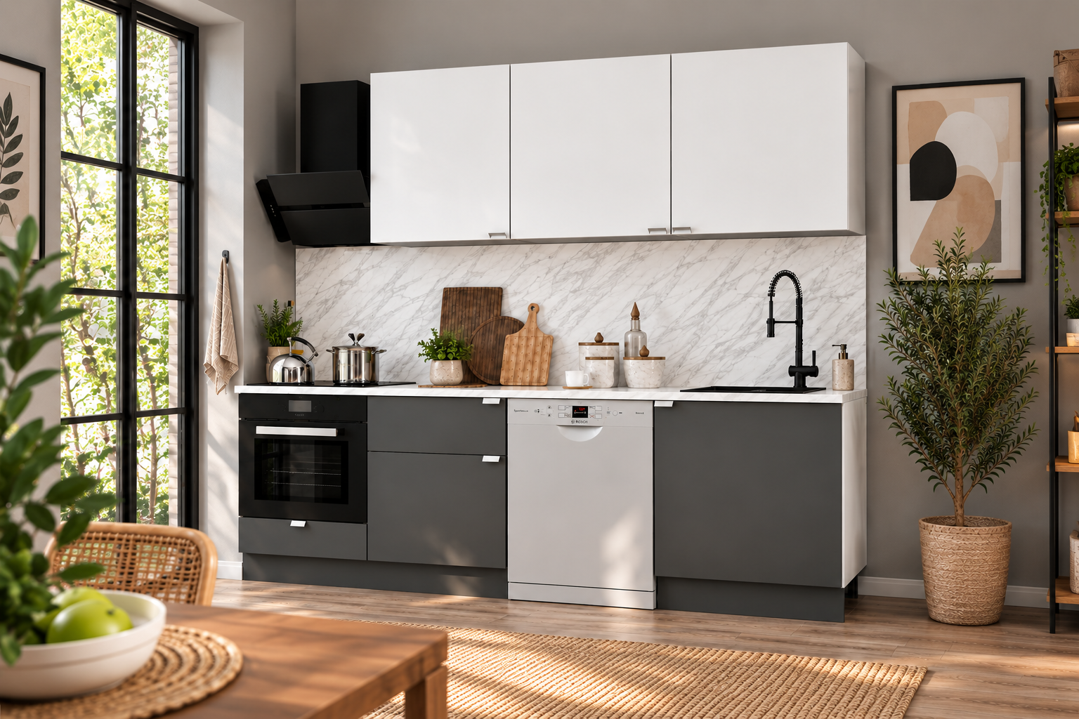 240 Cm %100 Mdf, Tezgahlı Wendy Mutfak Alt-Üst Takım Antrasit-Beyaz