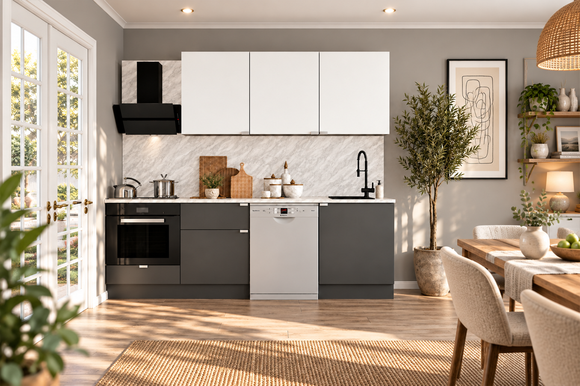 240 Cm %100 Mdf, Tezgahlı Wendy Mutfak Alt-Üst Takım Antrasit-Beyaz