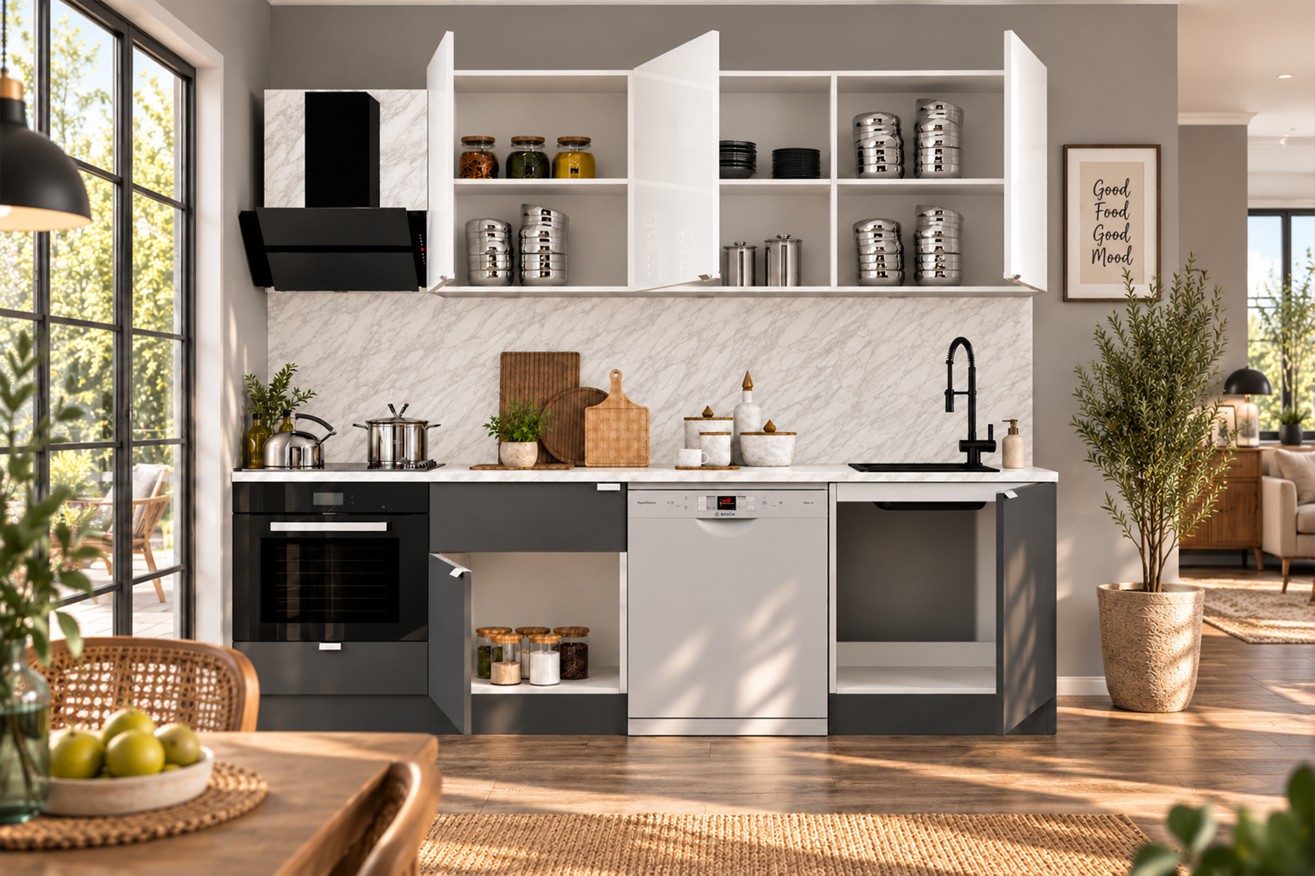 240 Cm %100 Mdf, Tezgahlı Wendy Mutfak Alt-Üst Takım Antrasit-Beyaz