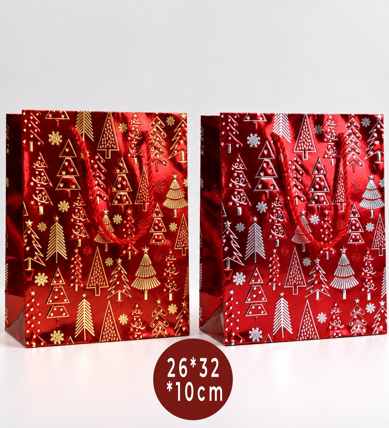 BM-2646 26 x 32 x 10 Cm Simli Yılbaşı Tasarımlı Karton Çanta x 12