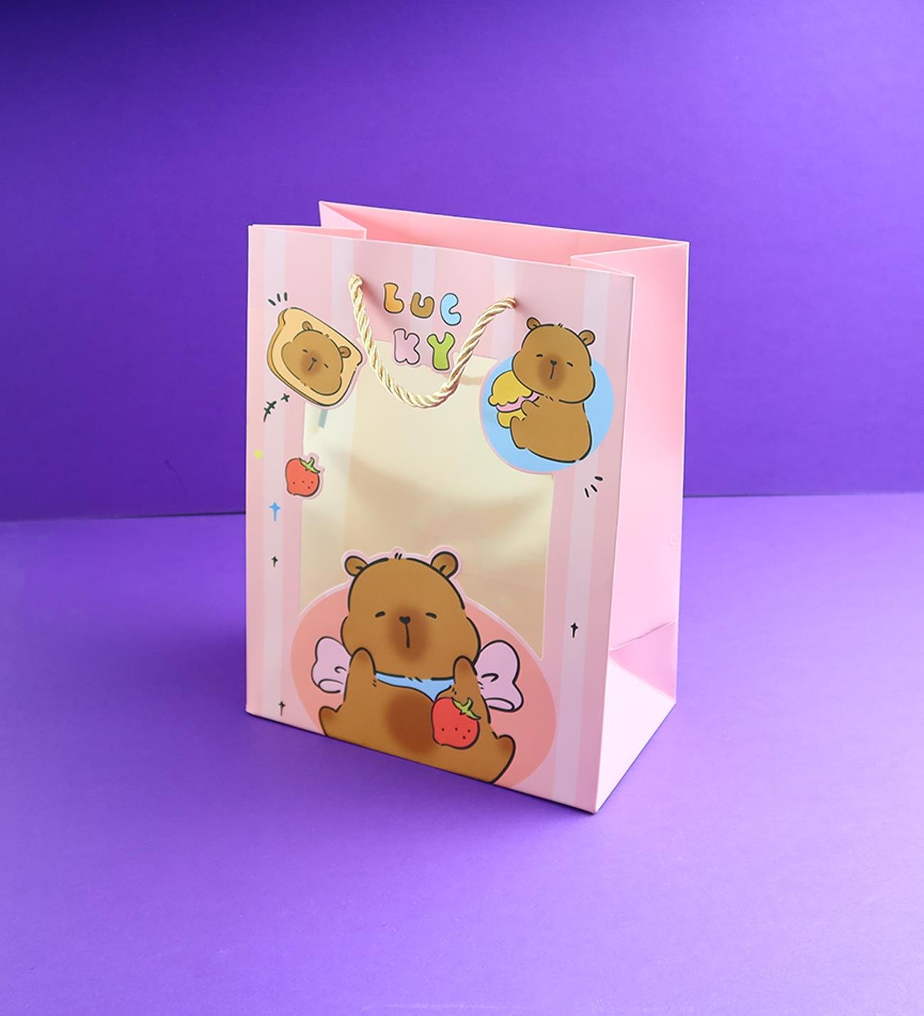 Capybara Figürlü Plastik Pencereli Karton Çanta 23x18 Cm x12