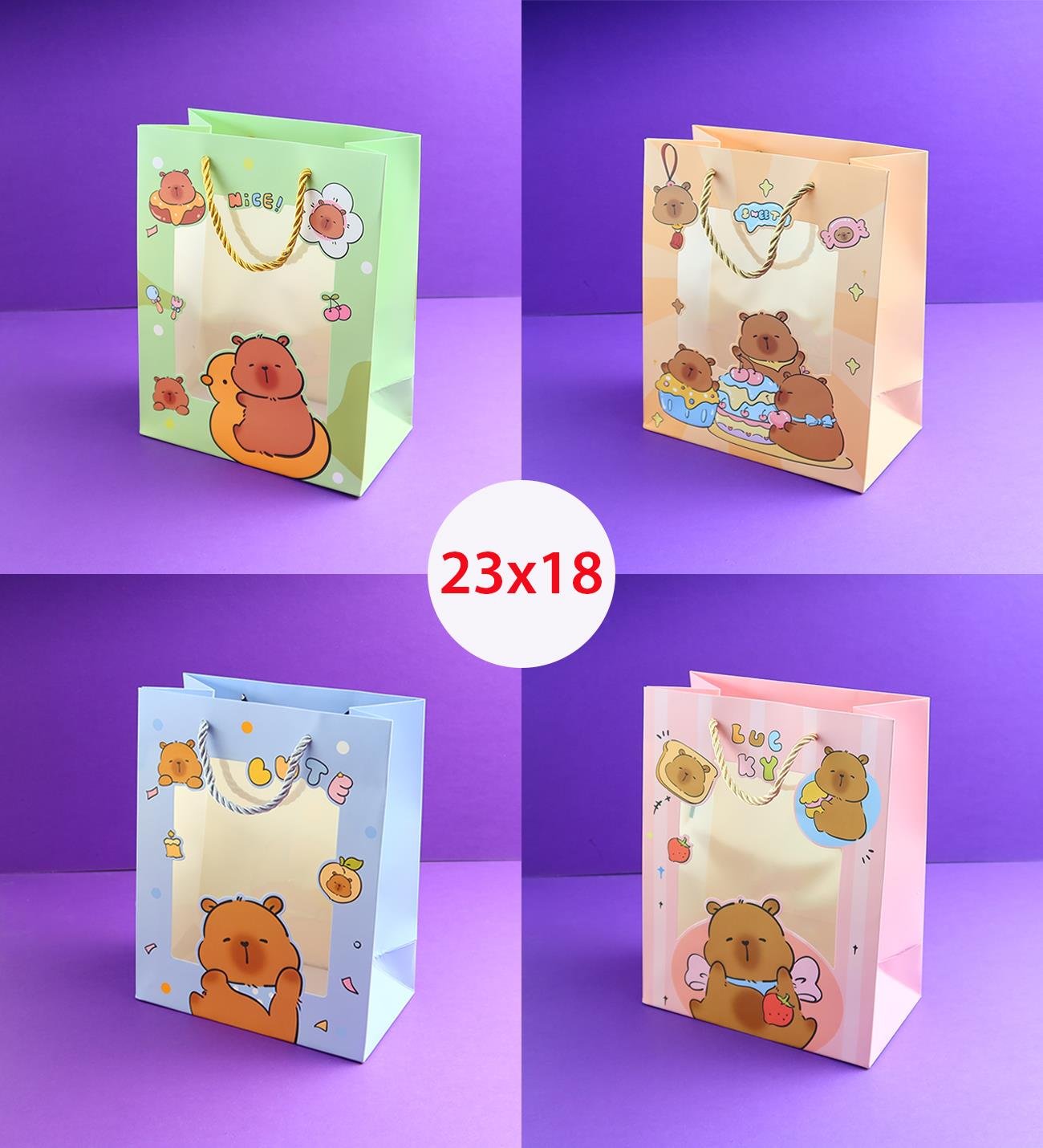 Capybara Figürlü Plastik Pencereli Karton Çanta 23x18 Cm x12