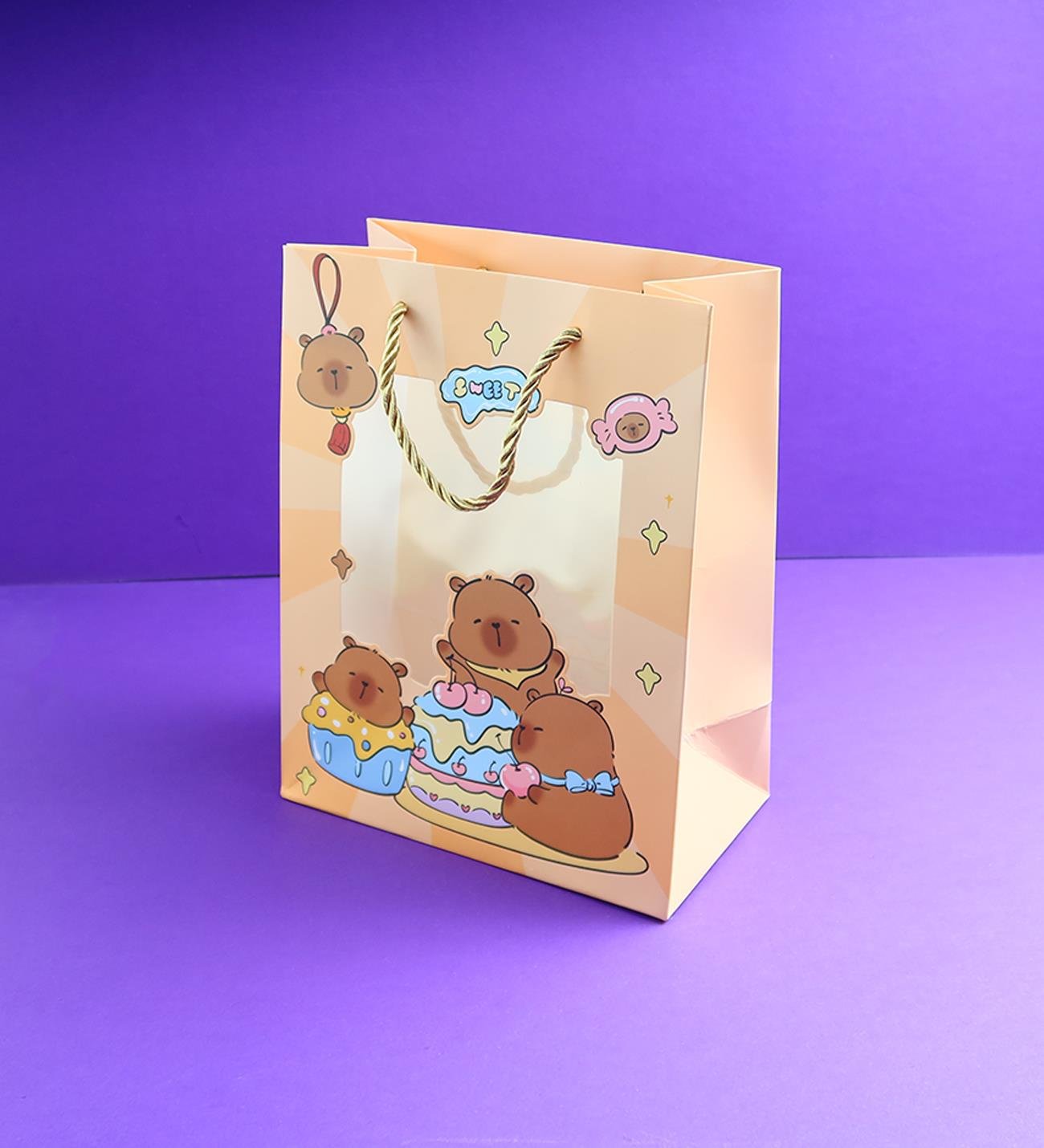 Capybara Figürlü Plastik Pencereli Karton Çanta 23x18 Cm x12