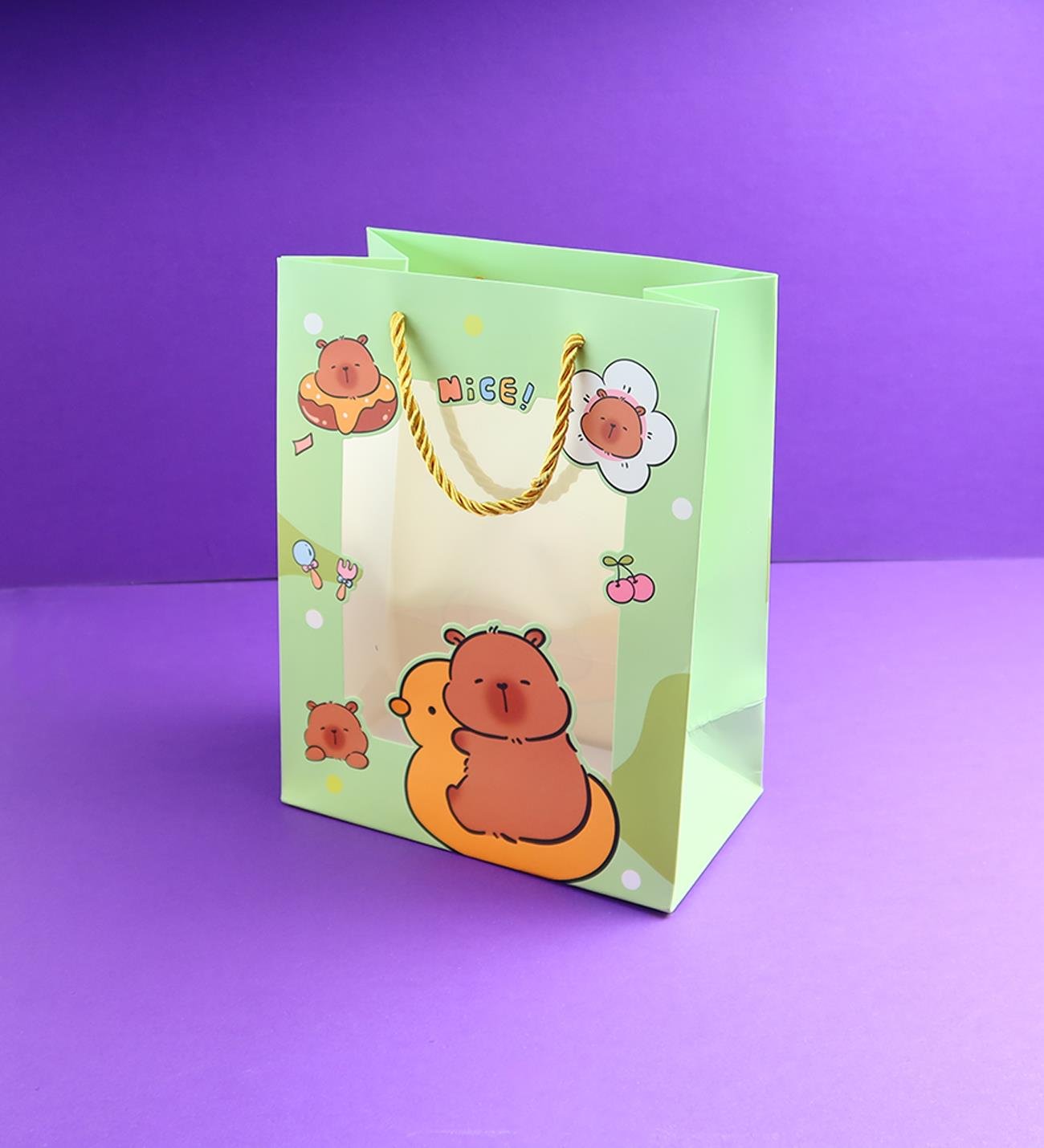 Capybara Figürlü Plastik Pencereli Karton Çanta 32x26 Cm x12