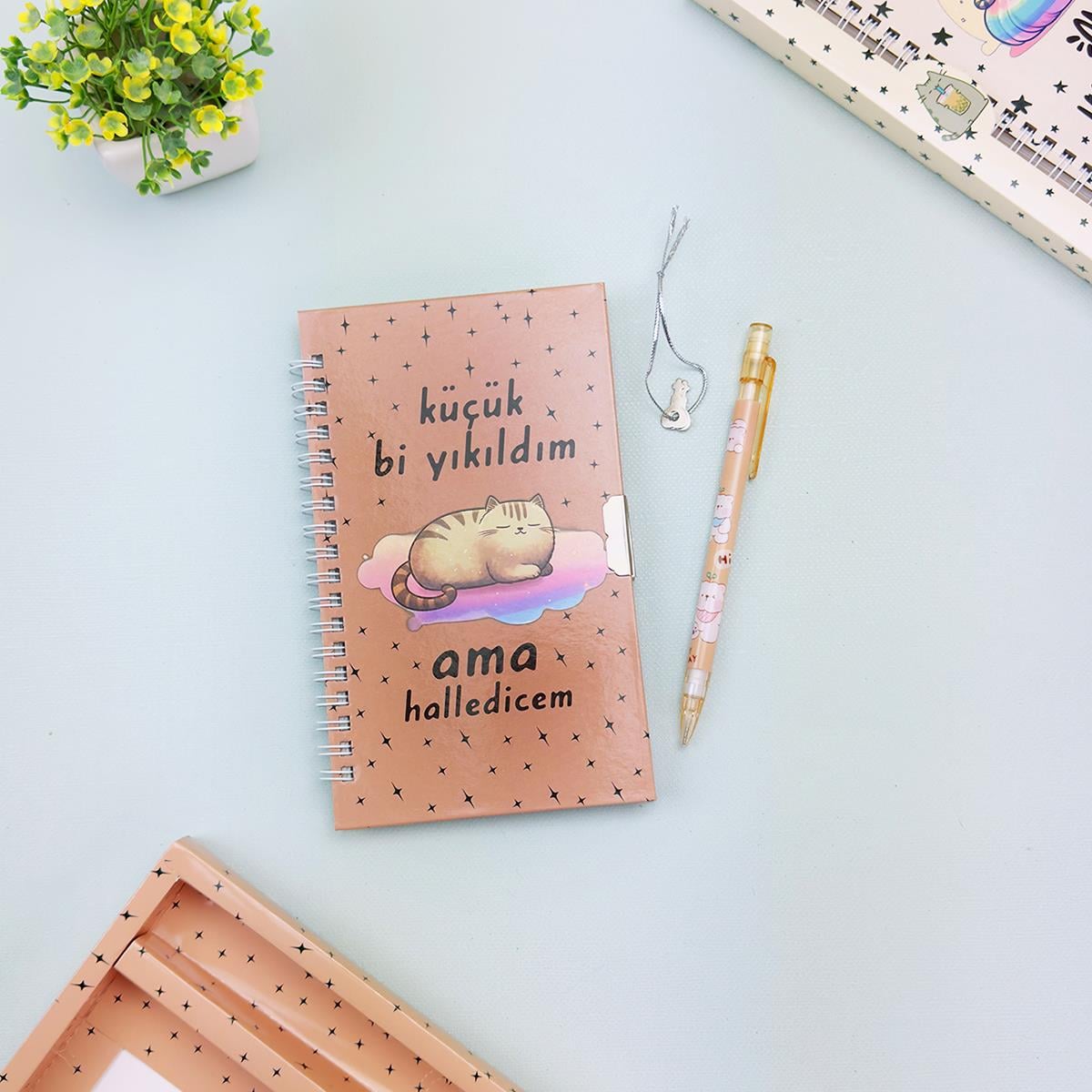Kedi Mottolu Kilitli Defter