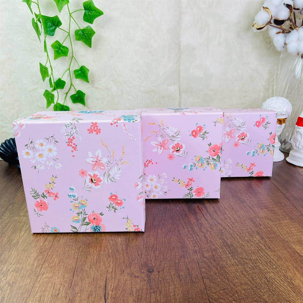 Pembe Çiçek Tasarımlı 3'lü Kutu