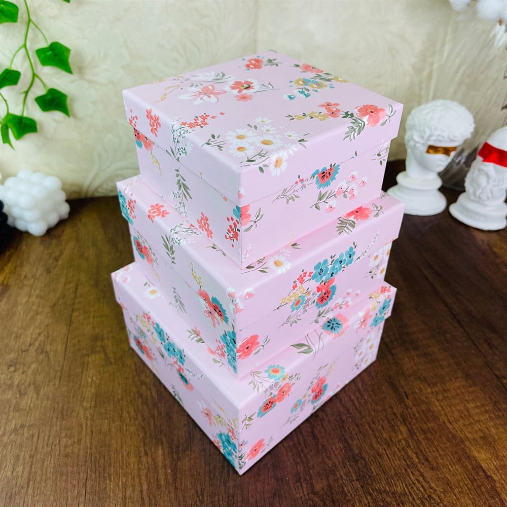 Pembe Çiçek Tasarımlı 3'lü Kutu