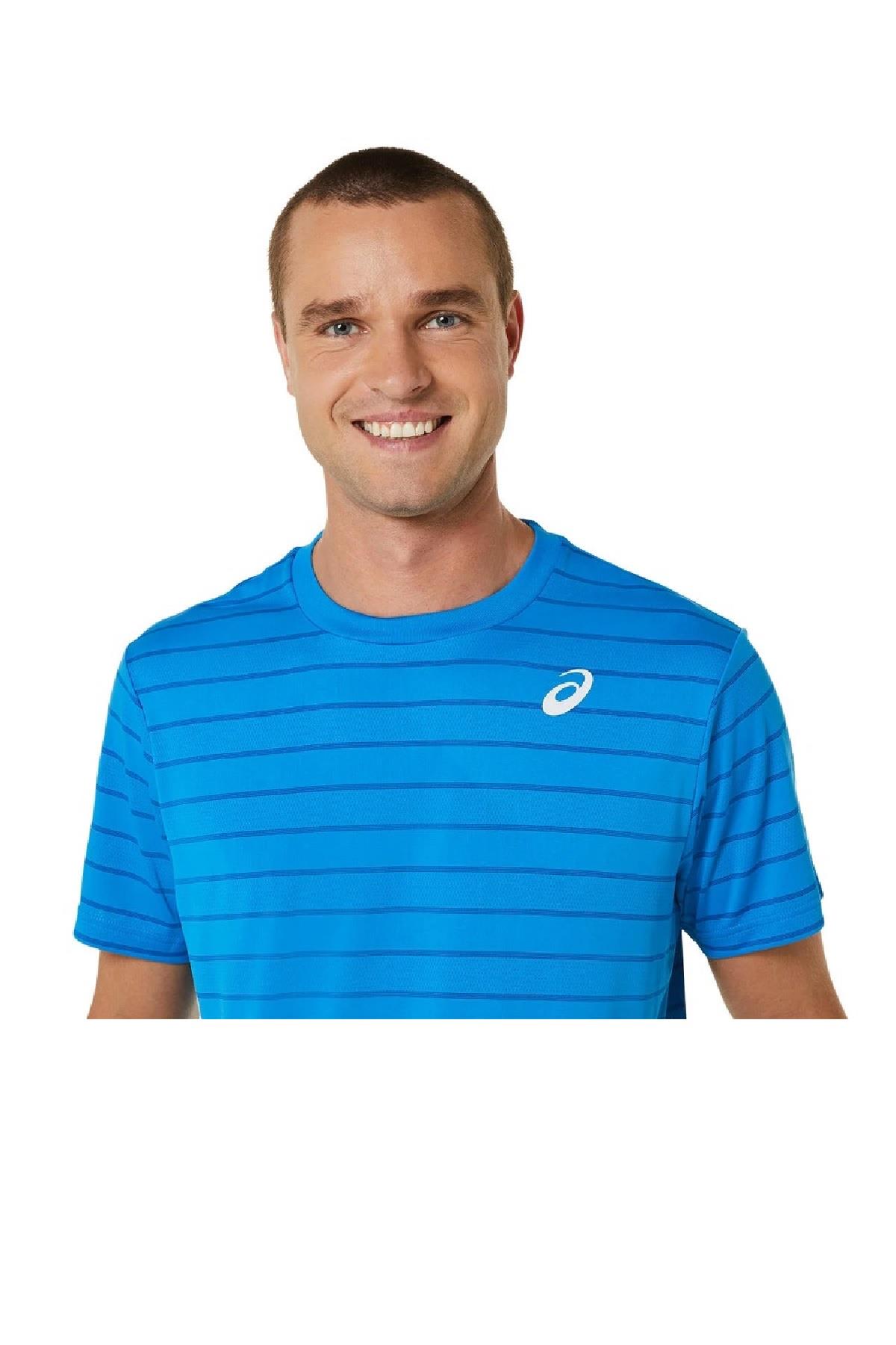 Asics Asics Court Stripe SS Top Erkek Mavi Tenis Tişört