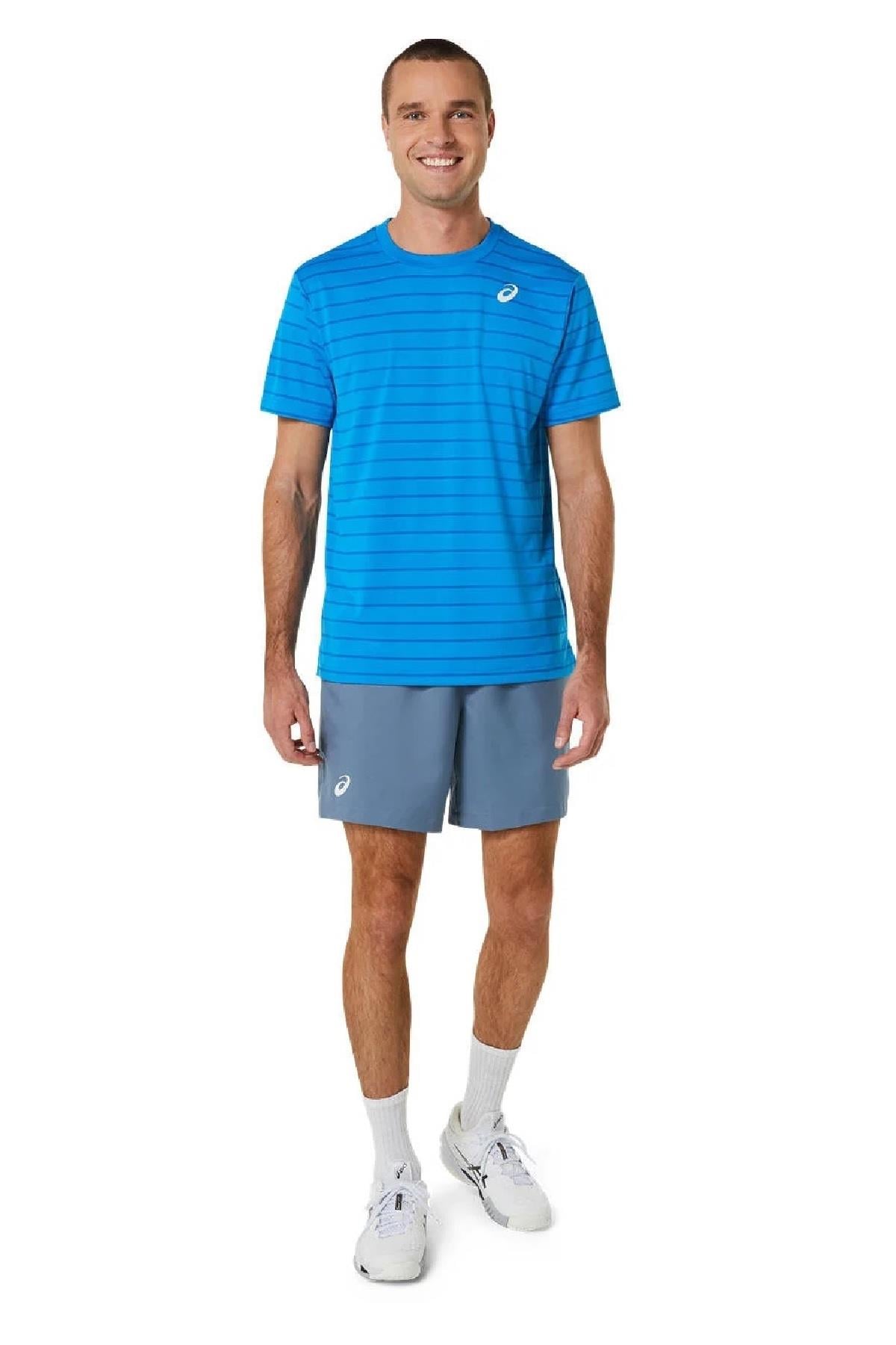 Asics Asics Court Stripe SS Top Erkek Mavi Tenis Tişört
