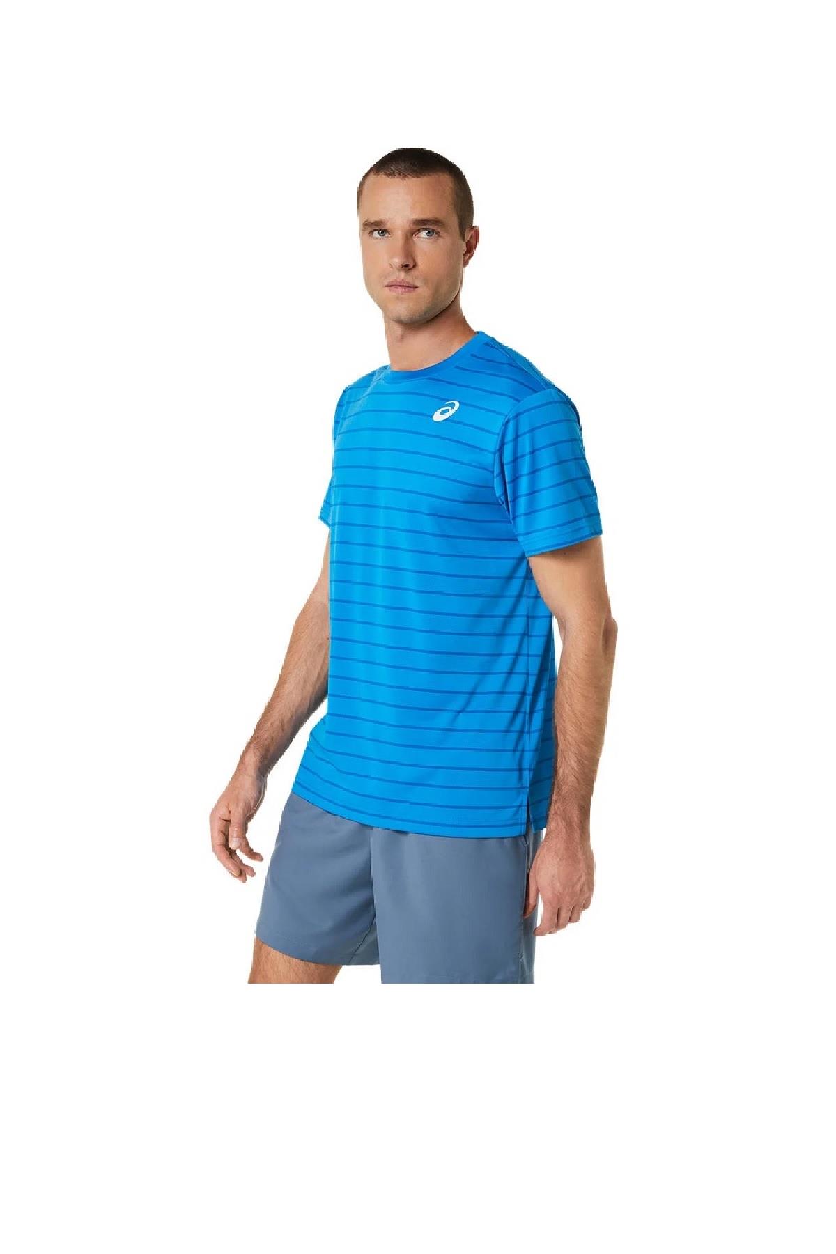 Asics Asics Court Stripe SS Top Erkek Mavi Tenis Tişört