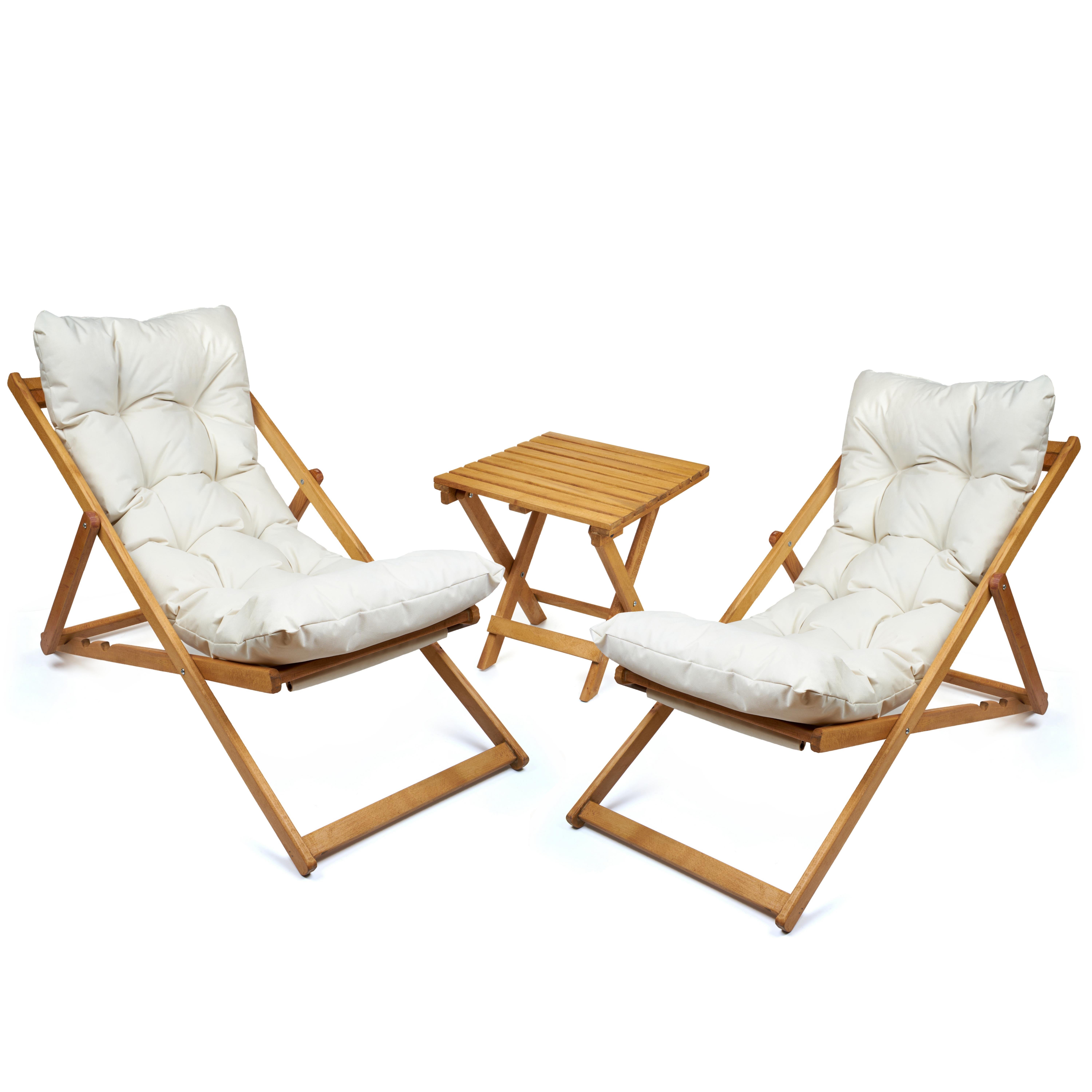 Ahşap Minderli Şezlong Seti Bahçe & Balkon & Teras & Plaj (katlanır Ikili Set - 2 Şezlong + 1 Sehpa)