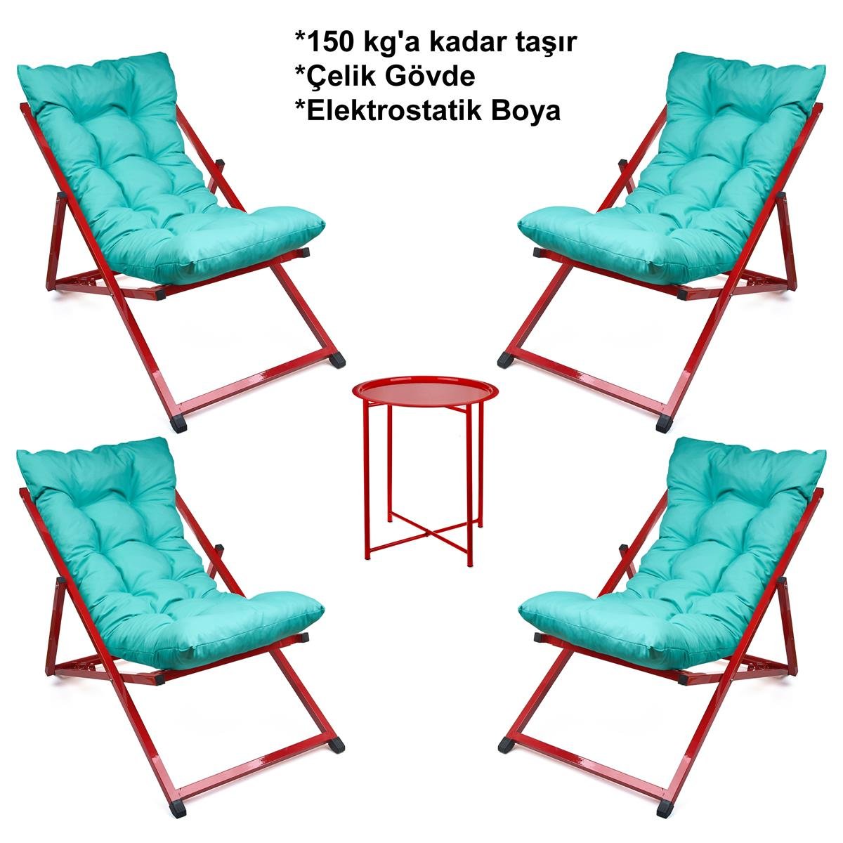 Minderli - Mast Şezlong Seti Bahçe&balkon&teras&plaj Katlanır Ikili Set -4 Şezlong 1 Sehpa