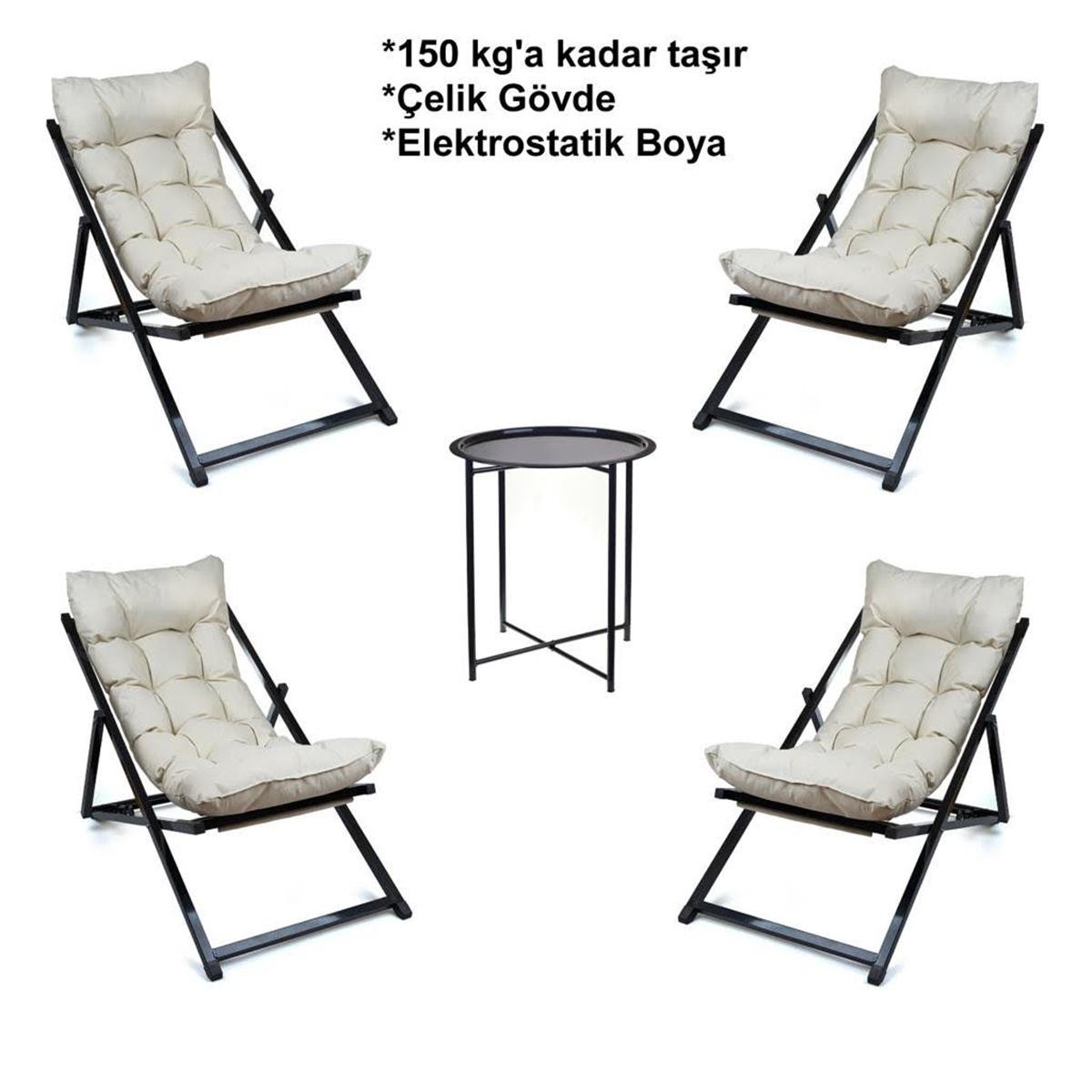 Minderli - Sattet Şezlong Seti Bahçe&balkon&teras&plaj Katlanır Ikili Set -4 Şezlong 1 Sehpa