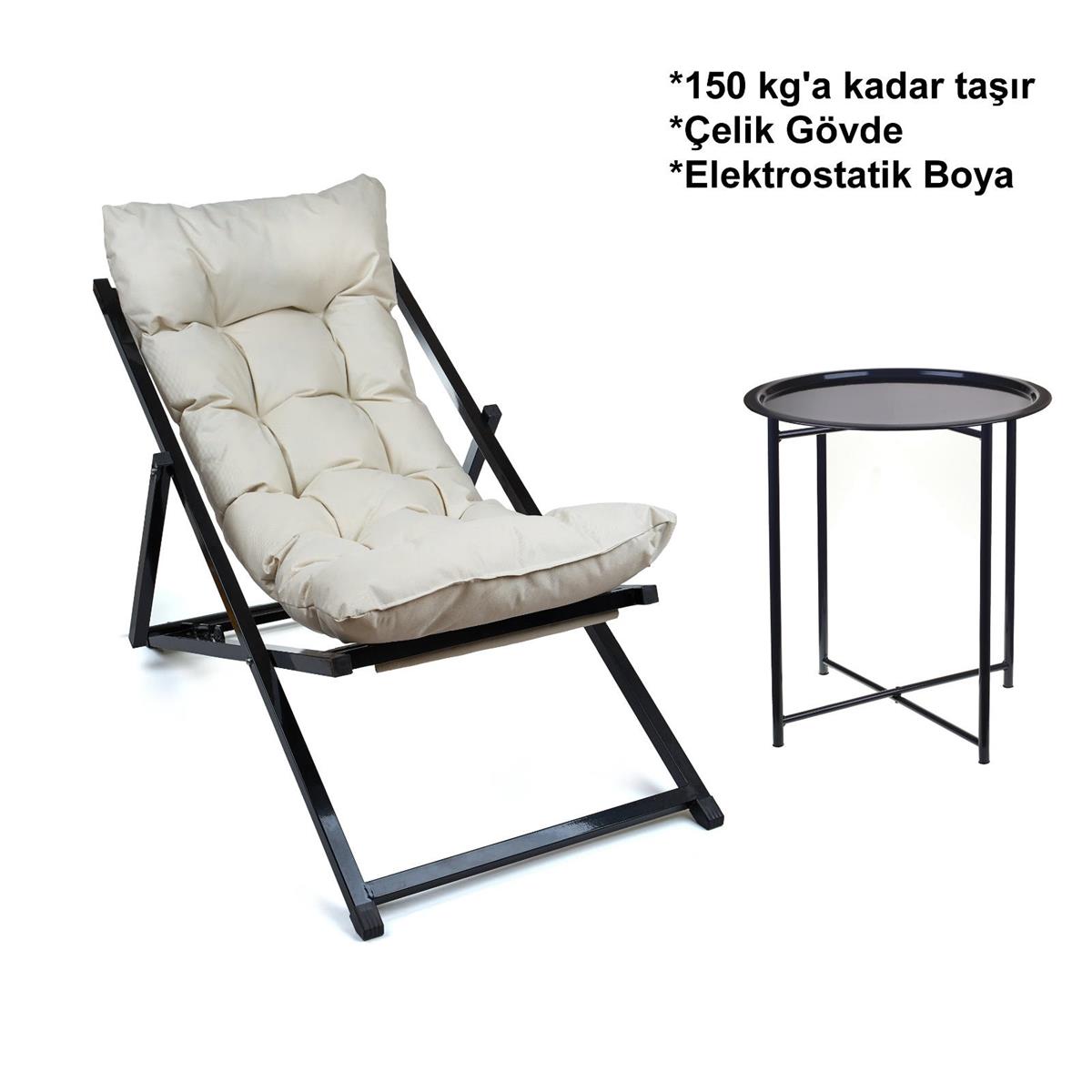 Minderli - Sattet Şezlong Seti Bahçe&balkon&teras&plaj Katlanır Ikili Set -4 Şezlong 1 Sehpa