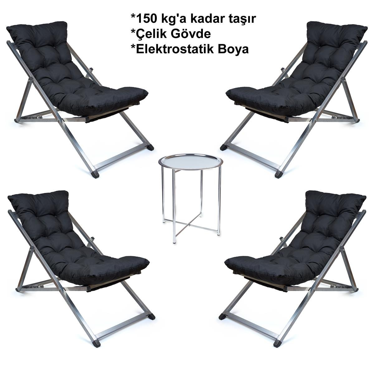 Minderli - Setta  Şezlong Seti Bahçe&balkon&teras&plaj Katlanır Ikili Set -4 Şezlong 1 Sehpa