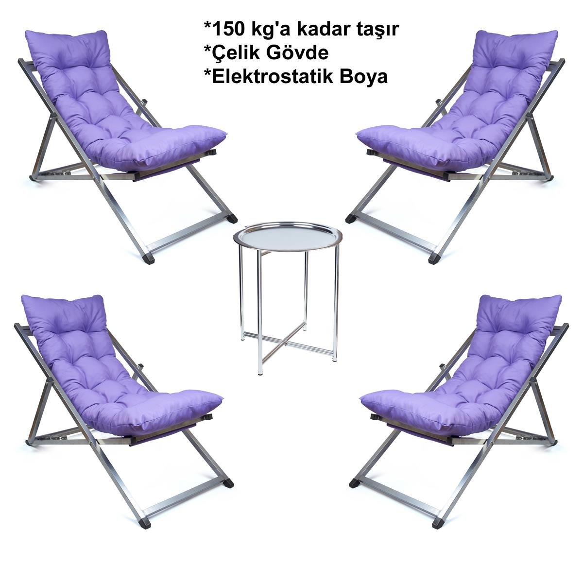 Minderli - Tera Şezlong Seti Bahçe&balkon&teras&plaj Katlanır Ikili Set -4 Şezlong 1 Sehpa