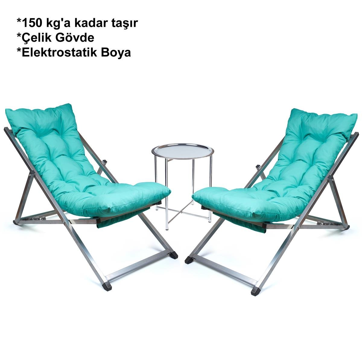 Minderli - Zeta Şezlong Seti Bahçe&balkon&teras&plaj Katlanır Ikili Set - 2 Şezlong 1 Sehpa  Renkli 