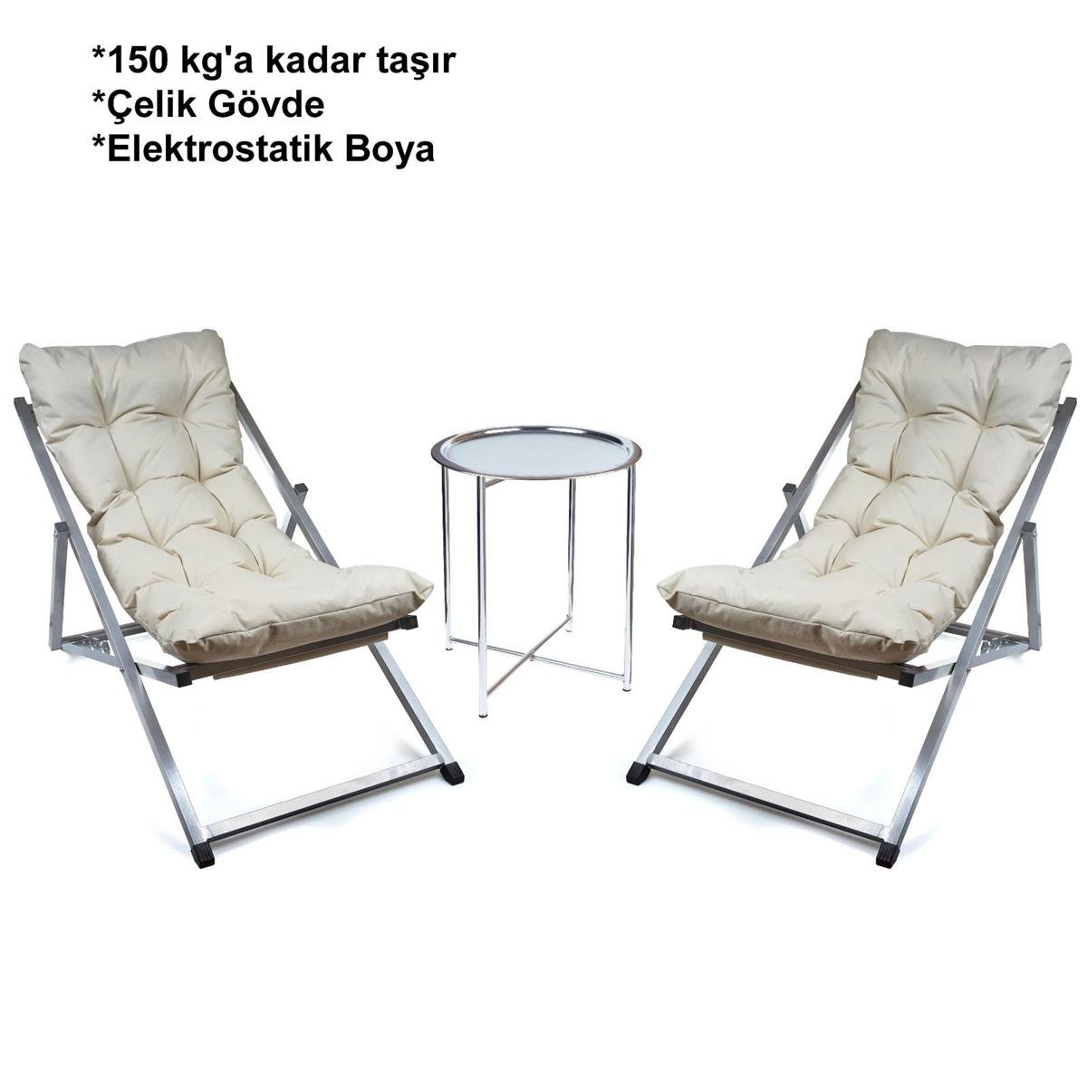 Minderli - Zeta Şezlong Seti Bahçe&balkon&teras&plaj Katlanır Ikili Set - 2 Şezlong 1 Sehpa