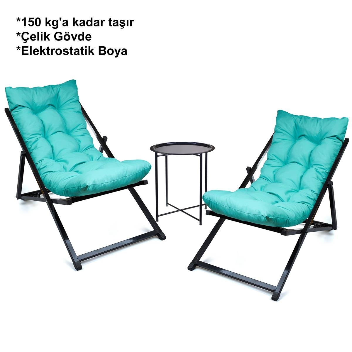 Minderli - Zeta Şezlong Seti Bahçe&balkon&teras&plaj Katlanır Ikili Set - 2 Şezlong 1 Sehpa Renkli 