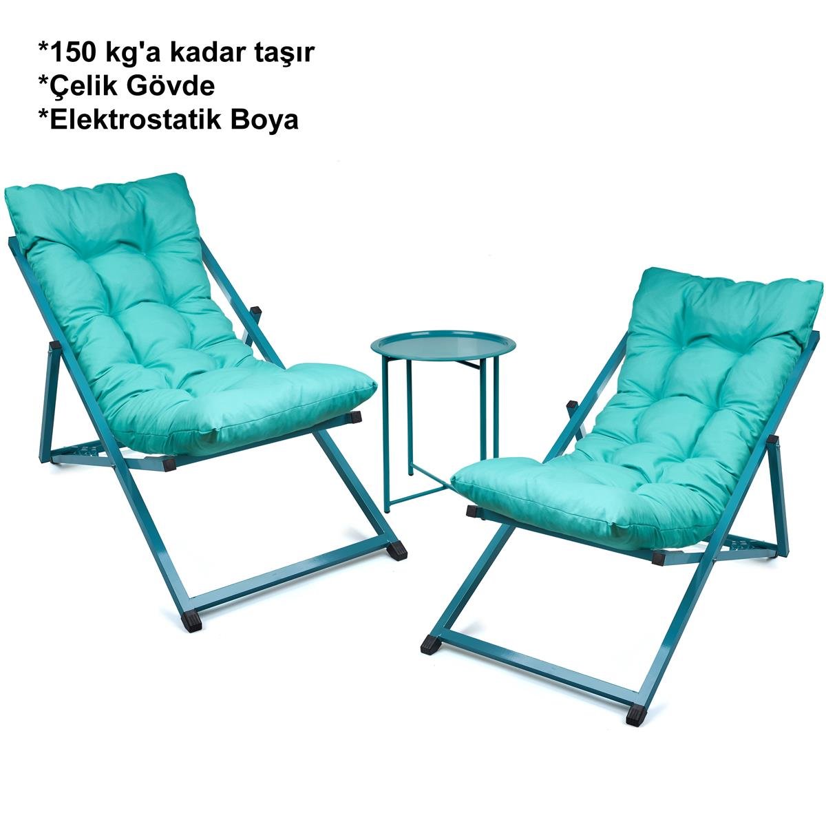 Minderli - Zeta Şezlong Seti Bahçe&balkon&teras&plaj Katlanır Ikili Set - 2 Şezlong 1 Sehpa Renkli 