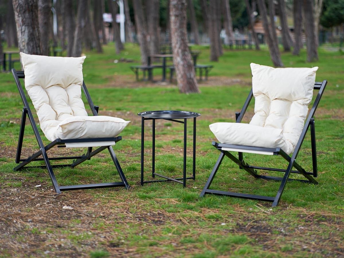 Minderli - Zeta Şezlong Seti Bahçe&balkon&teras&plaj Katlanır Ikili Set - 2 Şezlong 1 Sehpa