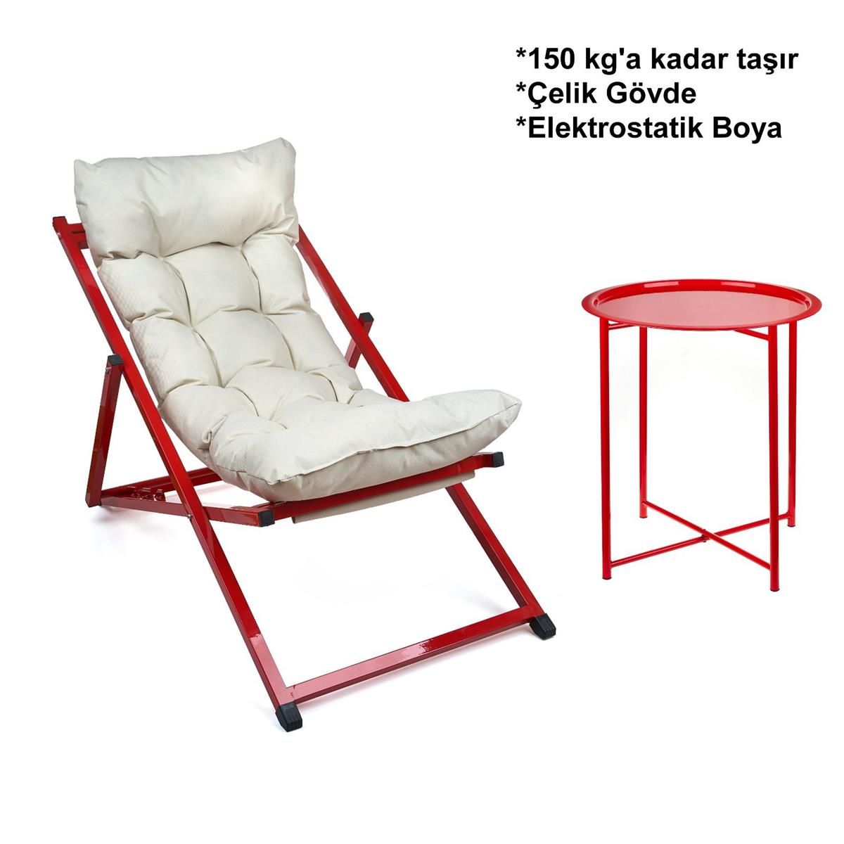 Minderli - Zeta Şezlong Seti Bahçe&balkon&teras&plaj Katlanır Ikili Set - 2 Şezlong 1 Sehpa