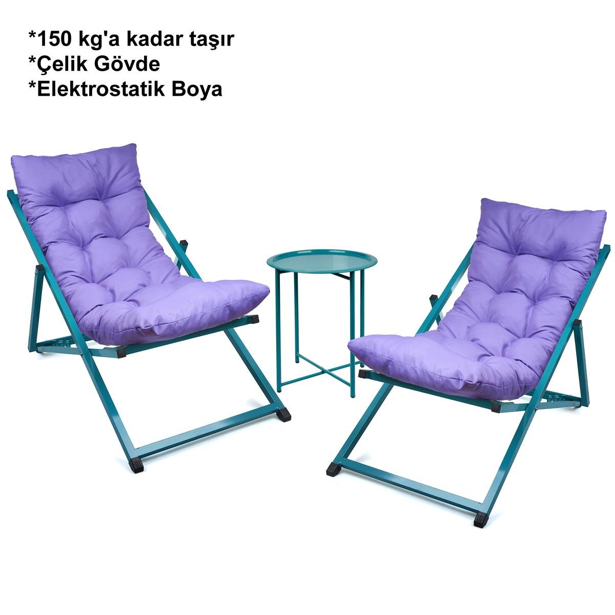 Minderli - Zeta Şezlong Seti Bahçe&balkon&teras&plaj Katlanır Ikili Set - 2 Şezlong 1 Sehpa Renkli 