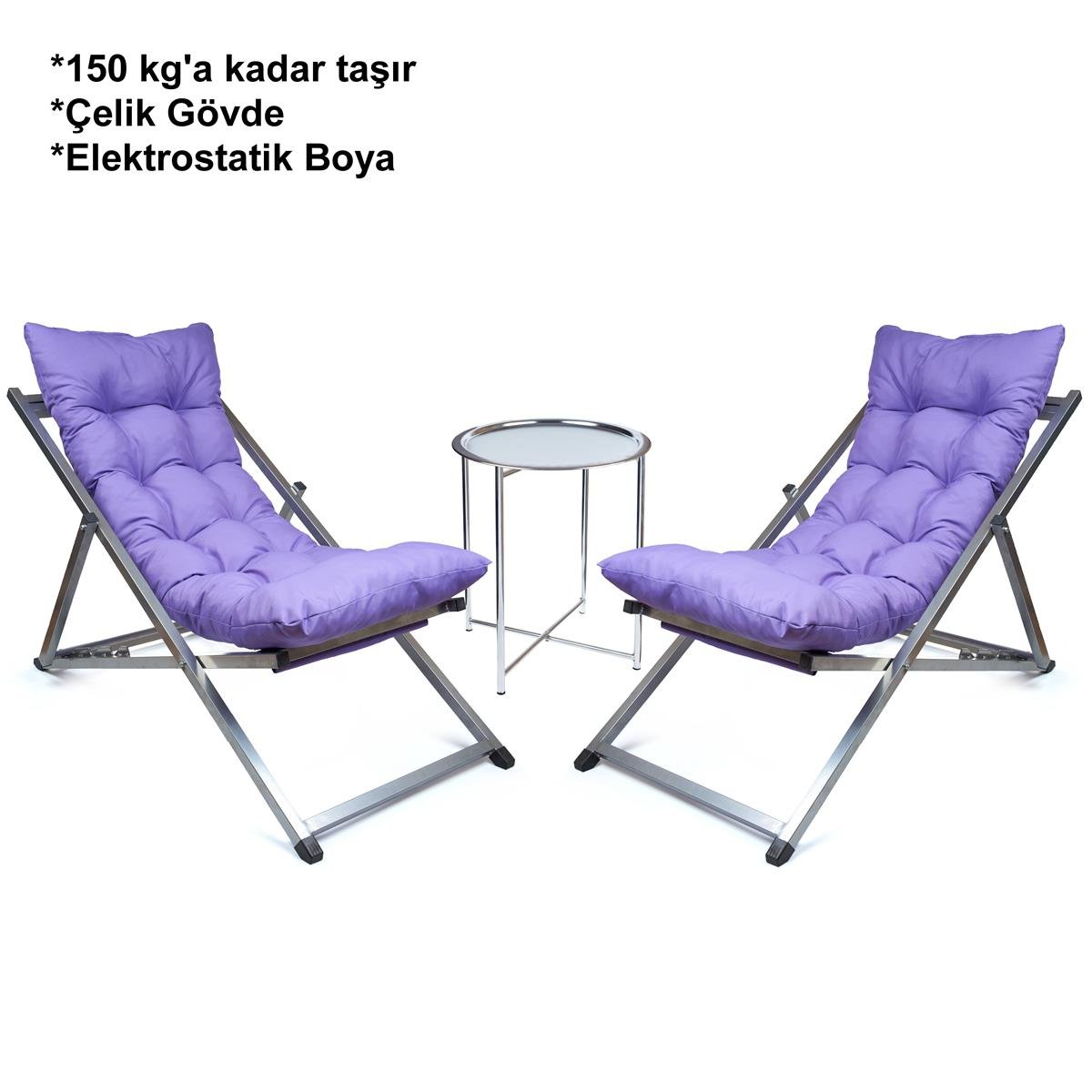 Minderli - Zeta Şezlong Seti Bahçe&balkon&teras&plaj Katlanır Ikili Set - 2 Şezlong 1 Sehpa Renkli 