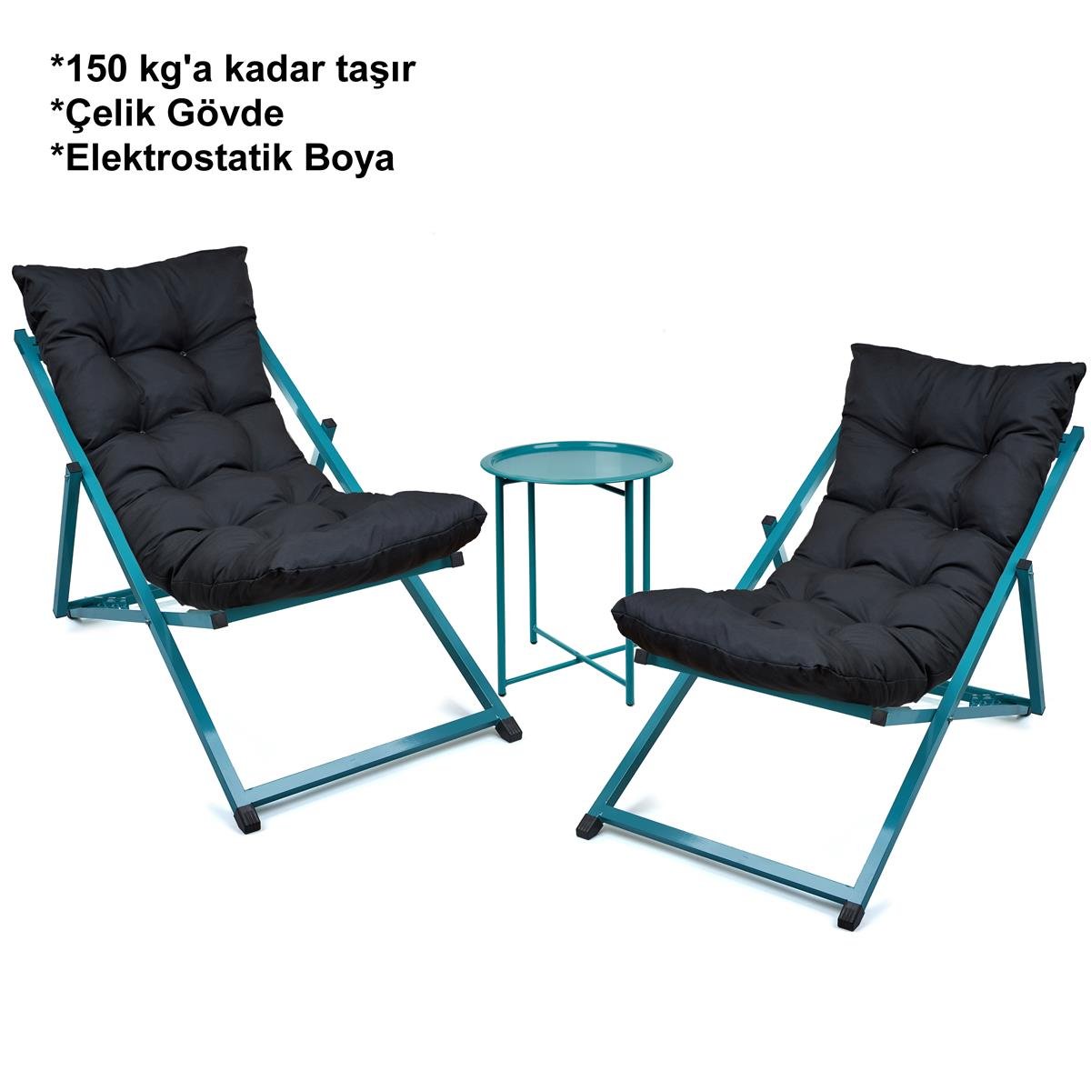 Minderli - Zeta Şezlong Seti Bahçe&balkon&teras&plaj Katlanır Ikili Set - 2 Şezlong 1 Sehpa Renkli 
