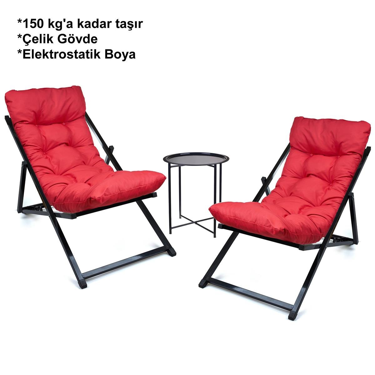 Minderli - Zeta Şezlong Seti Bahçe&balkon&teras&plaj Katlanır Ikili Set - 2 Şezlong 1 Sehpa Renkli 