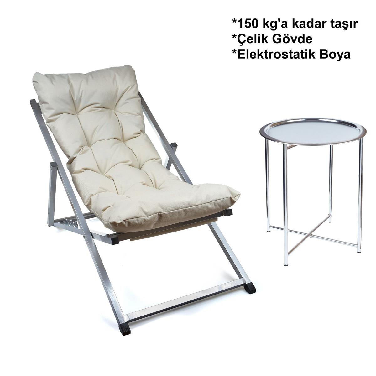 Minderli - Zeta Şezlong Seti Bahçe&balkon&teras&plaj Katlanır Ikili Set - 2 Şezlong 1 Sehpa