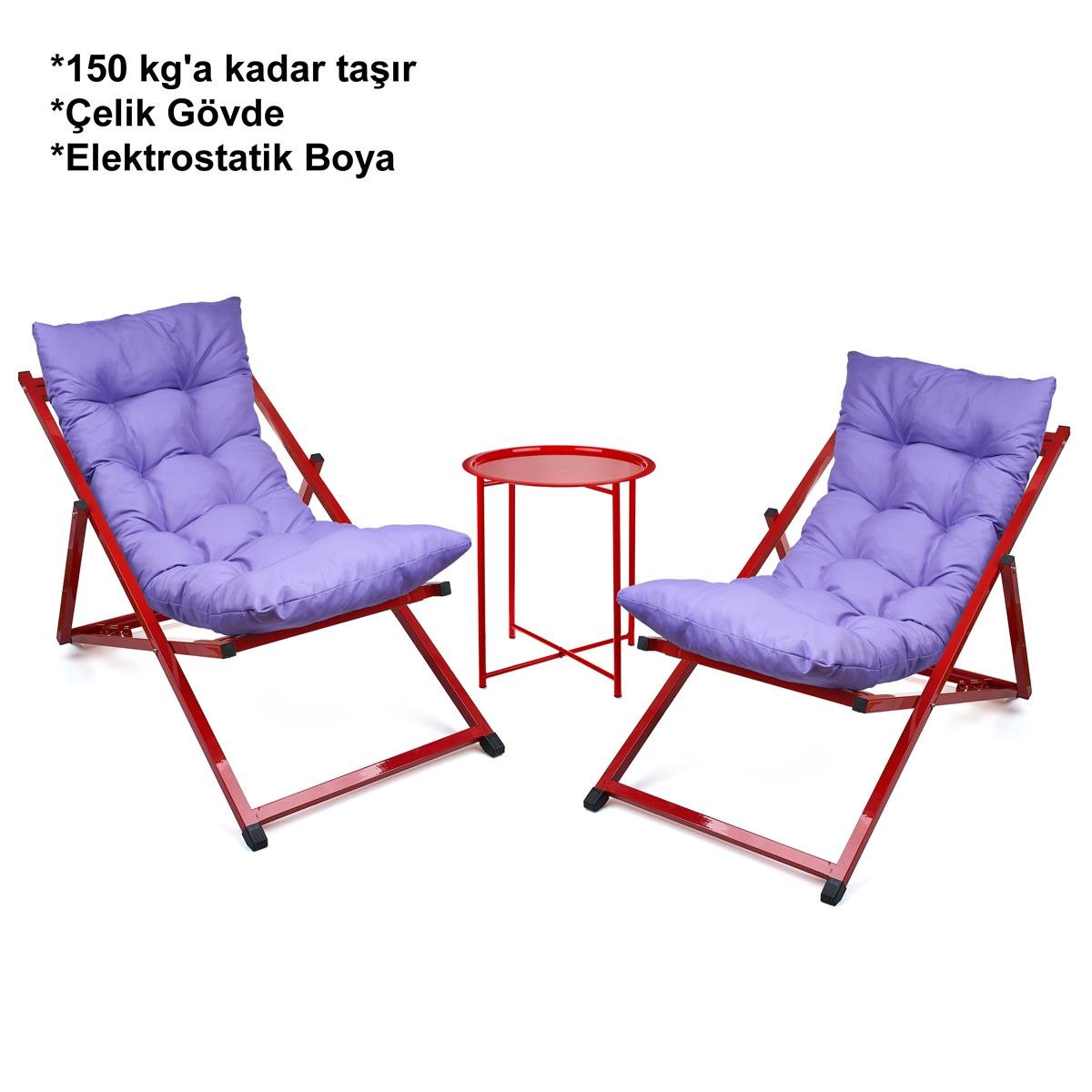 Minderli - Zeta Şezlong Seti Bahçe&balkon&teras&plaj Katlanır Ikili Set - 2 Şezlong 1 Sehpa Renkli 