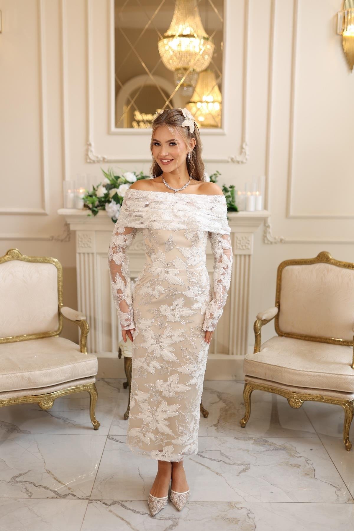 TheElsa | ARES KALEM BEYAZÖZEL ÜRETİM TASARIM ELBİSELERAres Kalem Beyaz Çiçekli Özel Tasarım Dantel Nişan Nikah Elbise